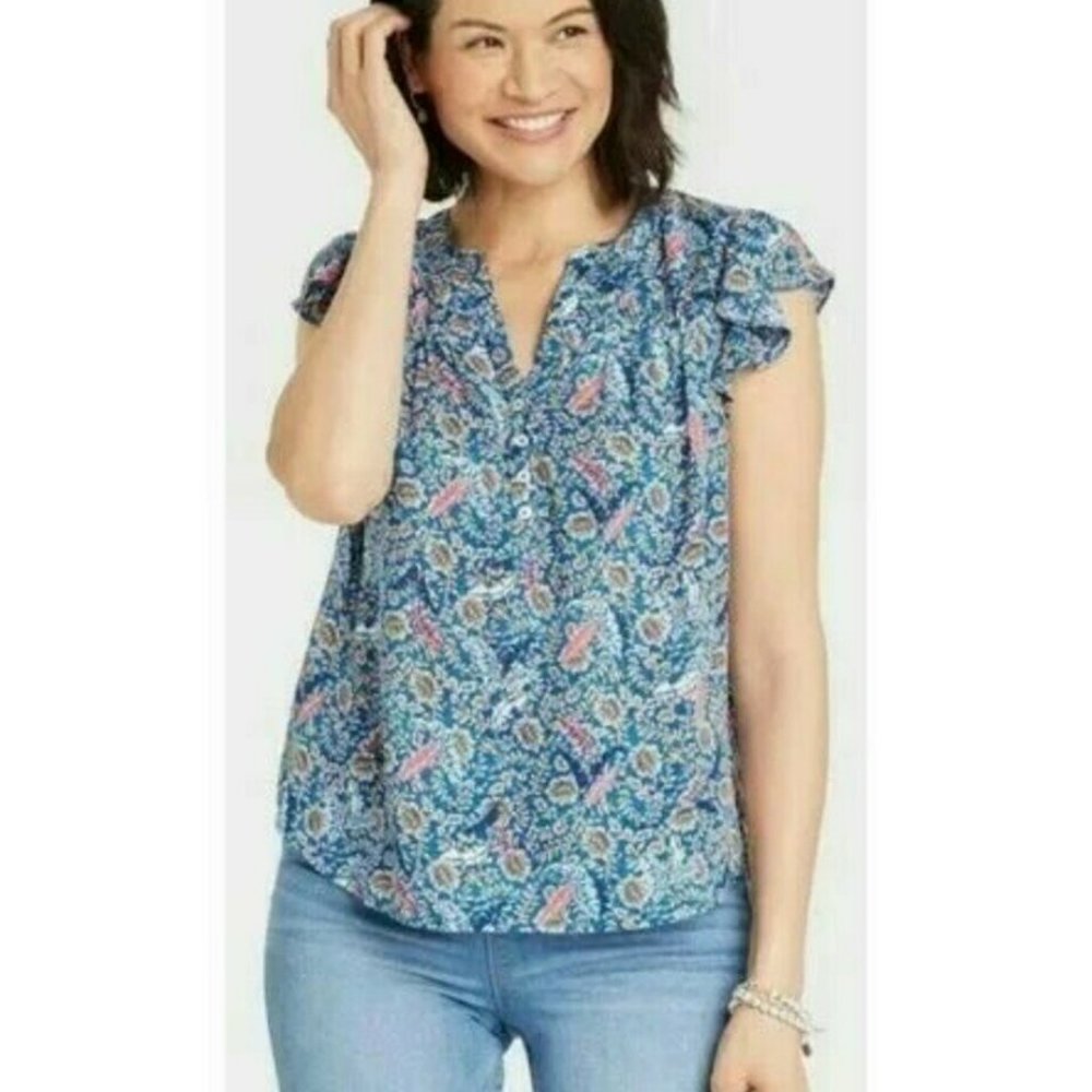 NEW Knox Rose Off The Coast Short Flutter Sleeve Fall Floral Blouse Top shirt